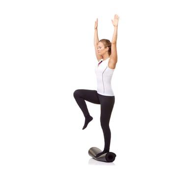 Woman, exercise and mat in studio for balance, pilates or workout for healthy body, wellness or fitness. Person, face and yoga or stretching for physical activity on mock up space or white background.