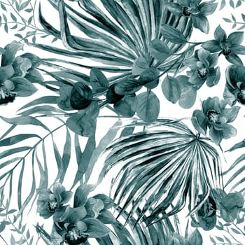 Seamless botanical monochrome pattern with watercolor flowers and palm leaves