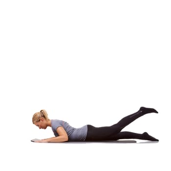 Woman, fitness and mat in studio for cobra, pilates or workout for healthy body, wellness and core muscle. Person, exercise and yoga on floor for abdomen health on mockup space and white background.