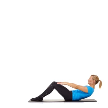 Woman, crunches or mat in studio for fitness, stretching or workout for healthy body, wellness or core muscle. Person, exercise or yoga on floor for abdomen health on mockup space or white background.