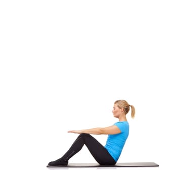 Woman, crunches or mat in studio for stretching, fitness or workout for healthy body, wellness or core muscle. Person, exercise or yoga on floor for abdomen health on mockup space or white background.