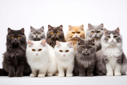 A group of cats of different breeds sitting in a raw in a white background.