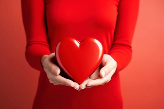 Woman's hands with a heart-shaped gift box against a red backdrop, ideal for an advertising poster, banner, or heartfelt greeting card