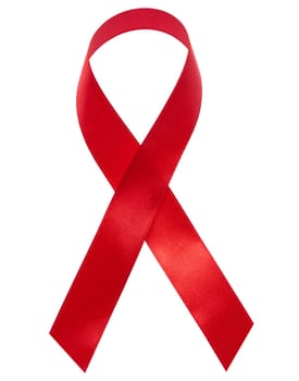 Red ribbon awareness ribbon symbol for the solidarity of people living with HIV or AIDS, rop view