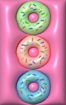 Donuts with colorful sugar sprinkles on a pink background, 3D rendering illustration