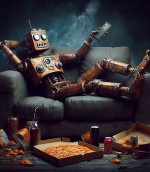 lazy robot lying in sofa after eating junk food ai generated