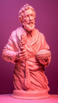 A white statue in the form of an ancient antique elderly man, made of ice cream, standing on a pink background.