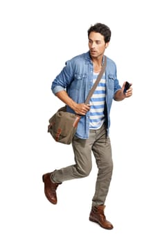 Man, run and phone in studio, mobile application and technology by white background or website. Male person, smartphone and communication or network, connection and internet for online discussion.
