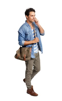 Man, phone call and conversation in studio, speaking and technology by white background on app. Male person, smartphone and communication or network, connection and internet for online discussion.