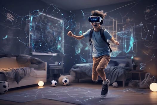 teenager at home play virtual online game in metaverse wear googles use joystick remote control ai generated