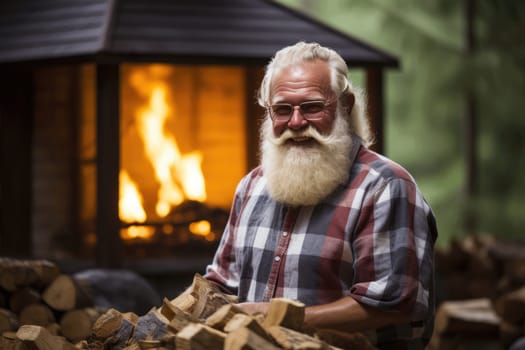 An elderly man sits next to a pile of firewood at his summer cottage on a warm summer day