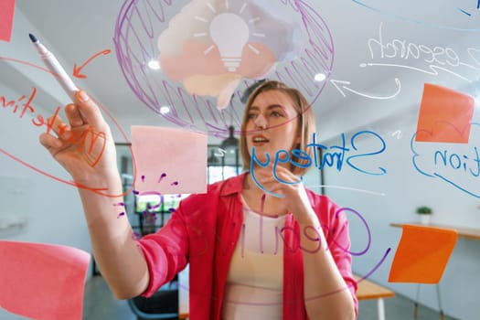 Closeup of attractive smart caucasian businesswoman brainstorms and planing marketing idea by using mind map and colorful sticker on glass board. Creative start up business concept. Immaculate.
