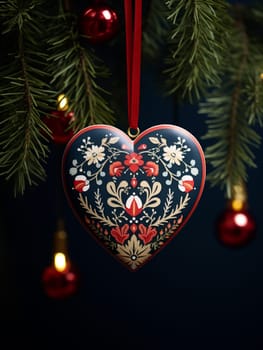 Intricately designed folk art heart ornament on a festive tree