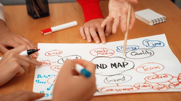 Close up of skilled business people hand brainstorming, working together, discussing about marketing idea by using mind map and colorful marker at meeting table. Focus on hand. Immaculate.