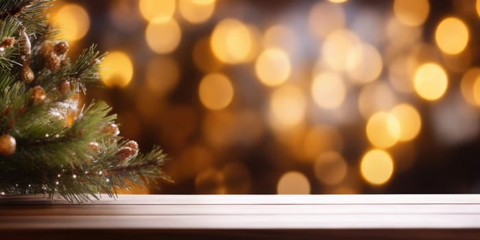 Merry Christmas and Happy New Year background with empty wooden table over Christmas tree and blurred light bokeh. Empty display for product placement. Rustic vintage Xmas 2024 background. comeliness