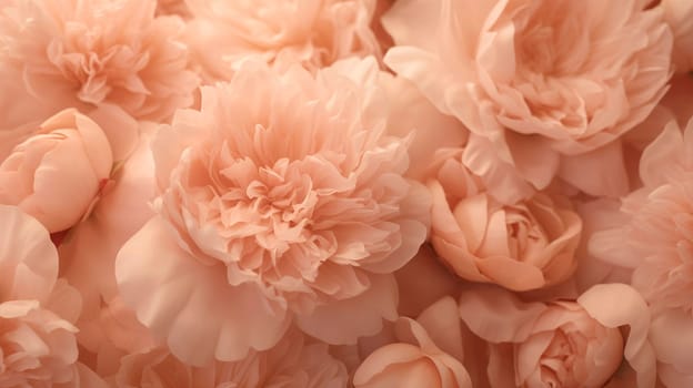 Close-up of peonies flowers in the 2024 color Peach Fuzz. High quality photo