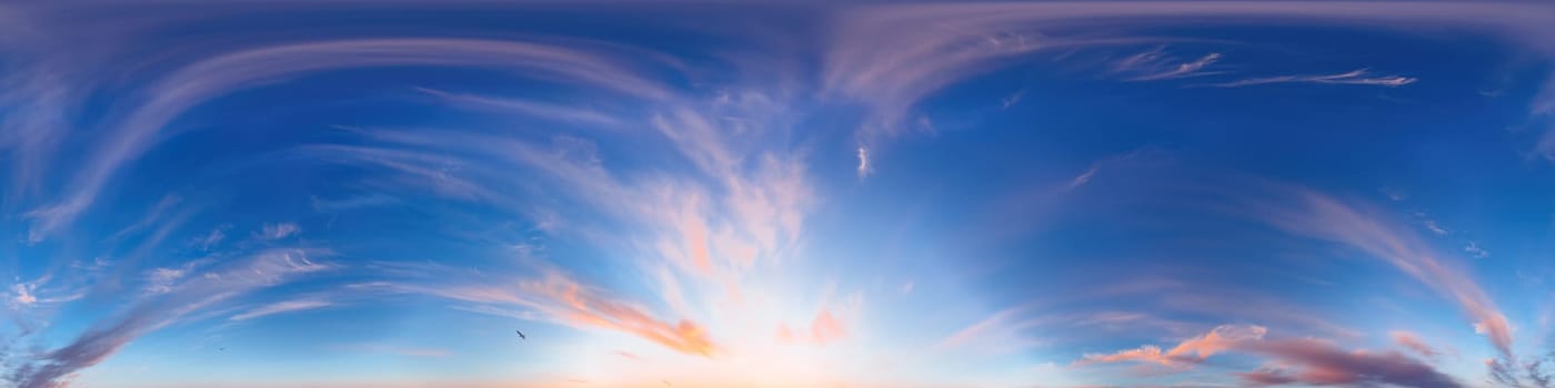 Dark blue sunset sky panorama with pink Cumulus clouds. Seamless hdr 360 pano in spherical equirectangular format. Full zenith for 3D visualization, game, sky replacement for aerial drone panoramas