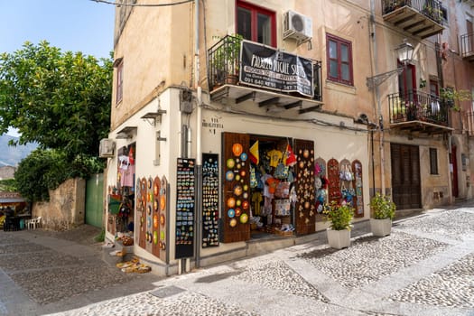Monreale, Sicily - July 18, 2023: Souvenir and gift shop in the historic city center