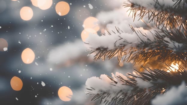 Fir branches in the snow close-up with bokeh. Christmas background with place for your text. High quality photo