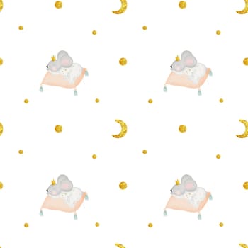 Cute seamless watercolor pattern of a mouse sleeping on a pillow. Kawaii drawing of a baby for printing on children's textiles and cozy bedding. In 2024 color of the year Peach Fuzz