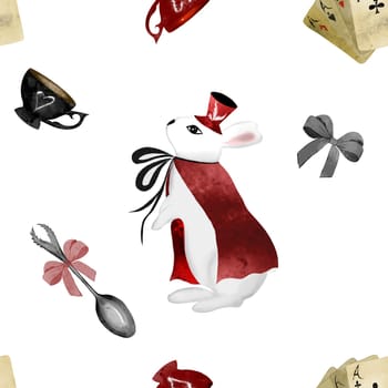 Watercolor pattern on the theme of Alice in Wonderland. White rabbit with a cup, spoon and cards. Elegant design for printing on textiles and wrapping paper. High quality photo