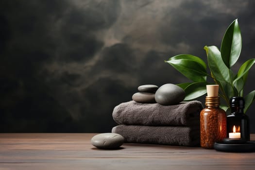 Massage stones, towels and candles. Set for spa treatments. Care and relaxation concept.