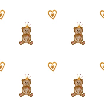 Watercolor pattern vintage cute bear with a gold crown and with hearts. Adoreable illustration of Teddy Bear for printing on children's textiles and wrapping paper. High quality illustration