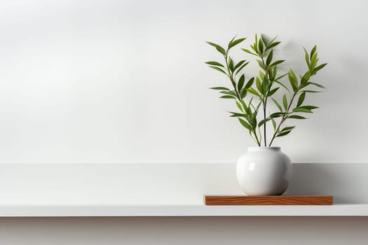 Wooden shelf with a green plant in a pot against a white wall. Minimalism.