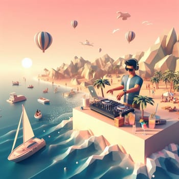 young deejay, wear glasses earphone hosting dj set at crowded beach party tropical island isometric ai generative ai art