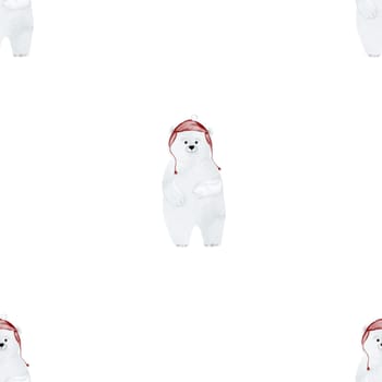 Watercolor seamless pattern of a cute white bear in a red hat. Pretty pattern for printing on children's textiles and wrapping paper. High quality illustration