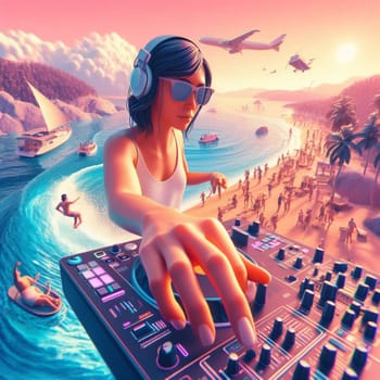 woman dj , wearing glasses earphone hosting dj set at crowded beach party in tropical island sunset ai generative art