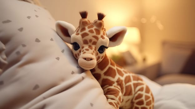 Cute plush baby giraffe toy, lying in soft bed, in warm light.