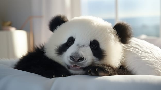 Cute happy panda, lie in a white bed, in the morning light, in front of the window.
