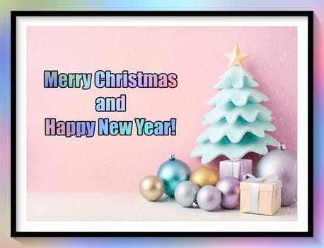 Merry Christmas and Happy New Year greeting card. Christmas greeting card with text Merry Christmas and Happy New Year.