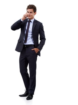 Phone call, employee and man with business, conversation and agent isolated on a white studio background. Person, model or consultant with a smartphone, connection and communication with mockup space.