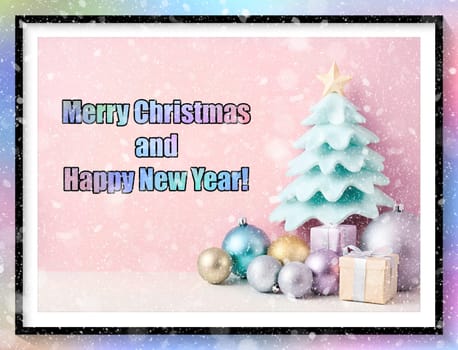 Merry Christmas and Happy New Year greeting card. Christmas greeting card with text Merry Christmas and Happy New Year.