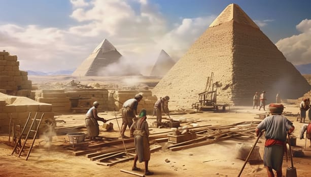 Building Pyramid in Egypt in ancient time use men to be slave the whole day,cartoon version,illustration Construction of Egyptian pyramids background