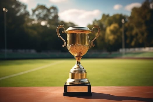 Champion's gold cup against a blurred green field.