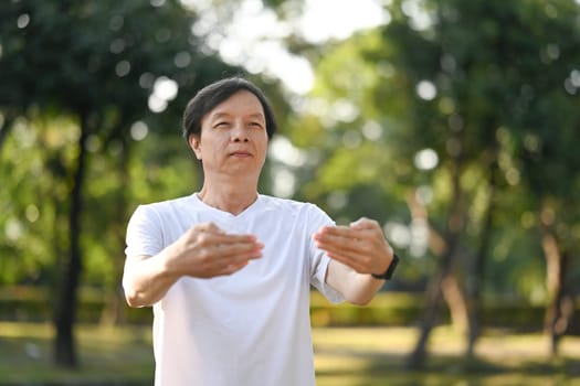 Calm middle age Asian man practicing Qigong in the park at sunrise. Healthy lifestyle concept