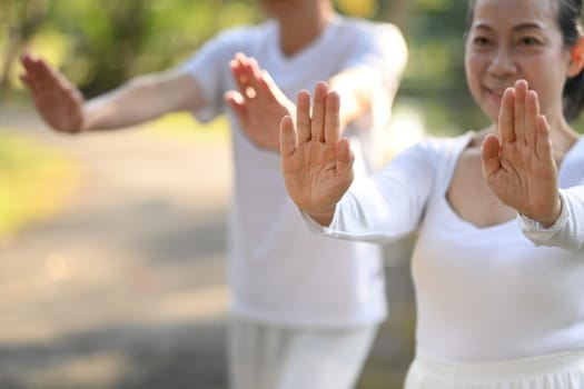 Senior female raising hands forward while practicing traditional Tai Chi Chuan in the park