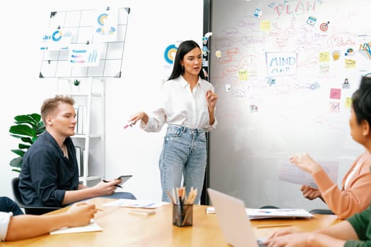 Young beautiful leader presents marketing strategy while expert investor and project manager lecturing to analyze business performance at start up business meeting. Multiethnic group. Immaculate.