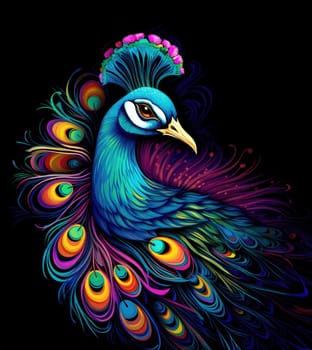 Portrait of a beautiful peacock with the feathers of its tail loosely arranged in an intricate and colourful pattern in a decorative art style on a black background.