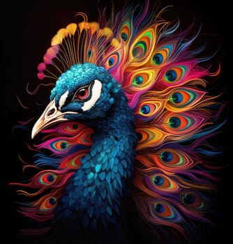 Portrait of a beautiful peacock with the feathers of its tail loosely arranged in an intricate and colourful pattern in a decorative art style on a black background.