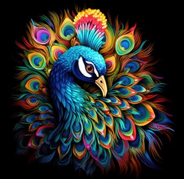 Portrait of a beautiful peacock with the feathers of its tail loosely arranged in an intricate and colourful pattern in a decorative art style on a black background.