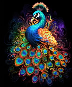 Portrait of a beautiful peacock with the feathers of its tail loosely arranged in an intricate and colourful pattern in a decorative art style on a black background.