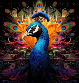 Portrait of a beautiful peacock with the feathers of its tail loosely arranged in an intricate and colourful pattern in a decorative art style on a black background.
