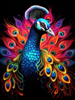 Portrait of a beautiful peacock with the feathers of its tail loosely arranged in an intricate and colourful pattern in a decorative art style on a black background.