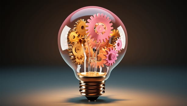 Light bulb and gears 3d render. Innovation concept. Insight icon isolated on pastel background. 3D Illustration. Pink,purple and blue. Glow Idea,teamwork,brainstorming design Space for text