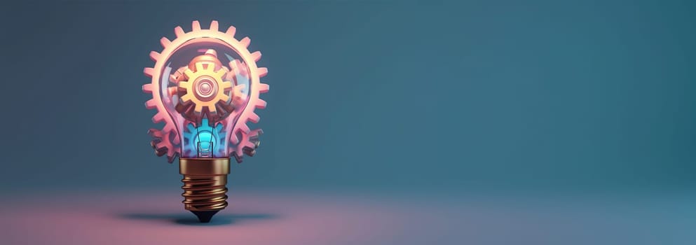 Light bulb and gears 3d render. Innovation concept. Insight icon isolated on pastel background. 3D Illustration. Pink,purple and blue. Glow Idea,teamwork,brainstorming design Space for text