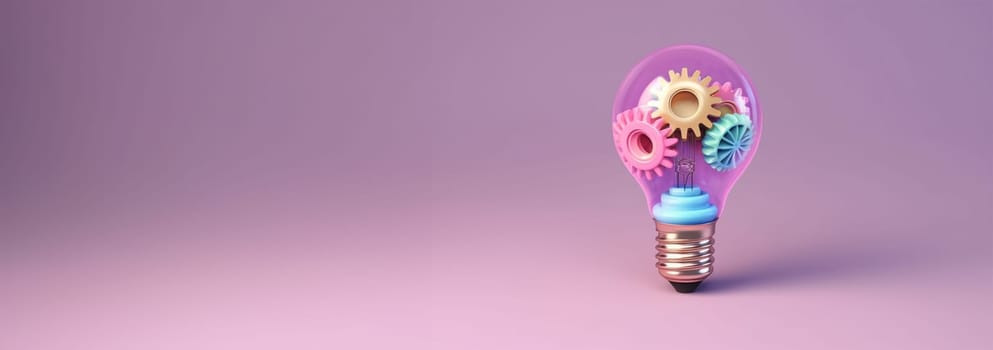 Light bulb and gears 3d render. Innovation concept. Insight icon isolated on pastel background. 3D Illustration. Pink,purple and blue. Glow Idea,teamwork,brainstorming design Space for text